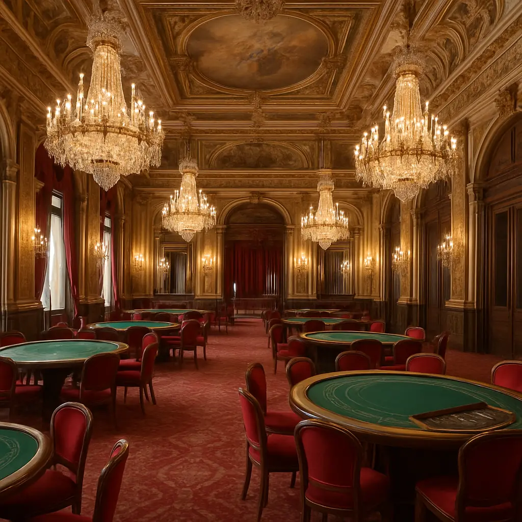 Ornate salon interior with crystal chandeliers and polished marble
