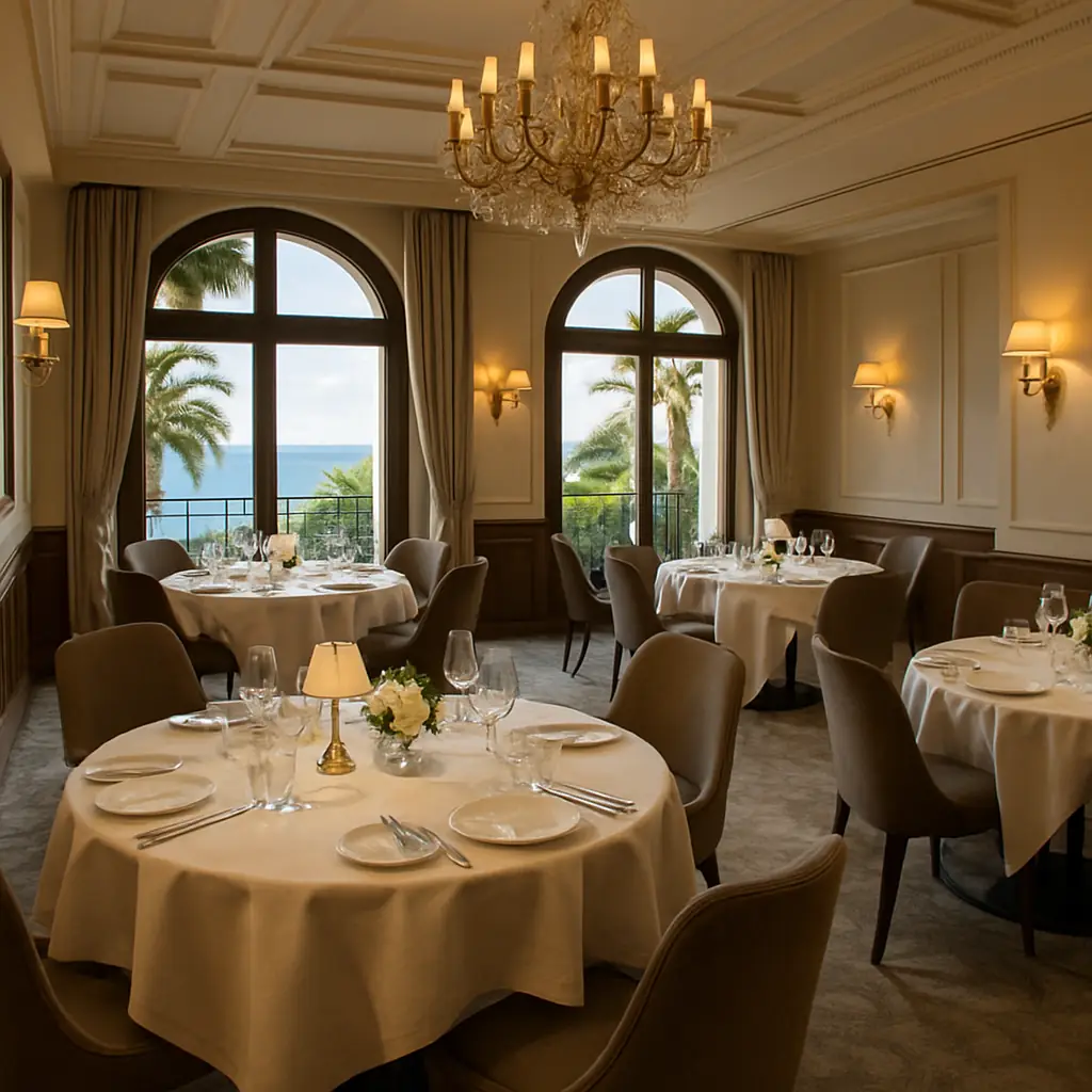 Fine dining room with white linens and crystal glassware