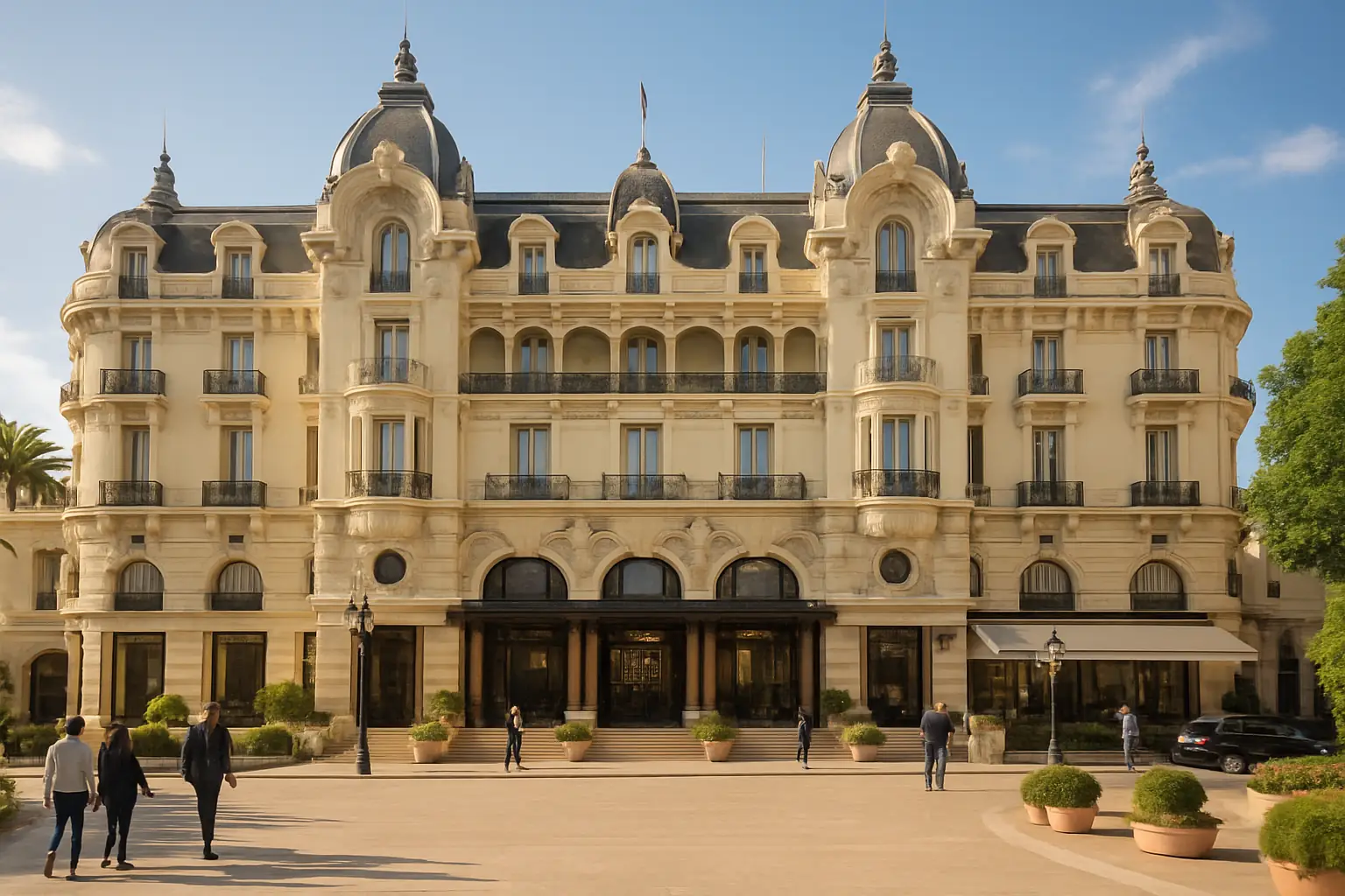 Grande façade of a Belle Époque Riviera hotel overlooking a sunlit plaza