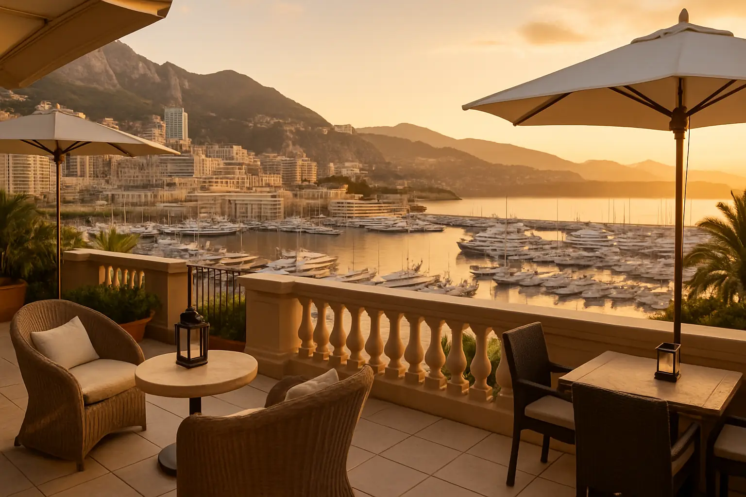Rooftop terrace with panoramic Mediterranean views at golden hour